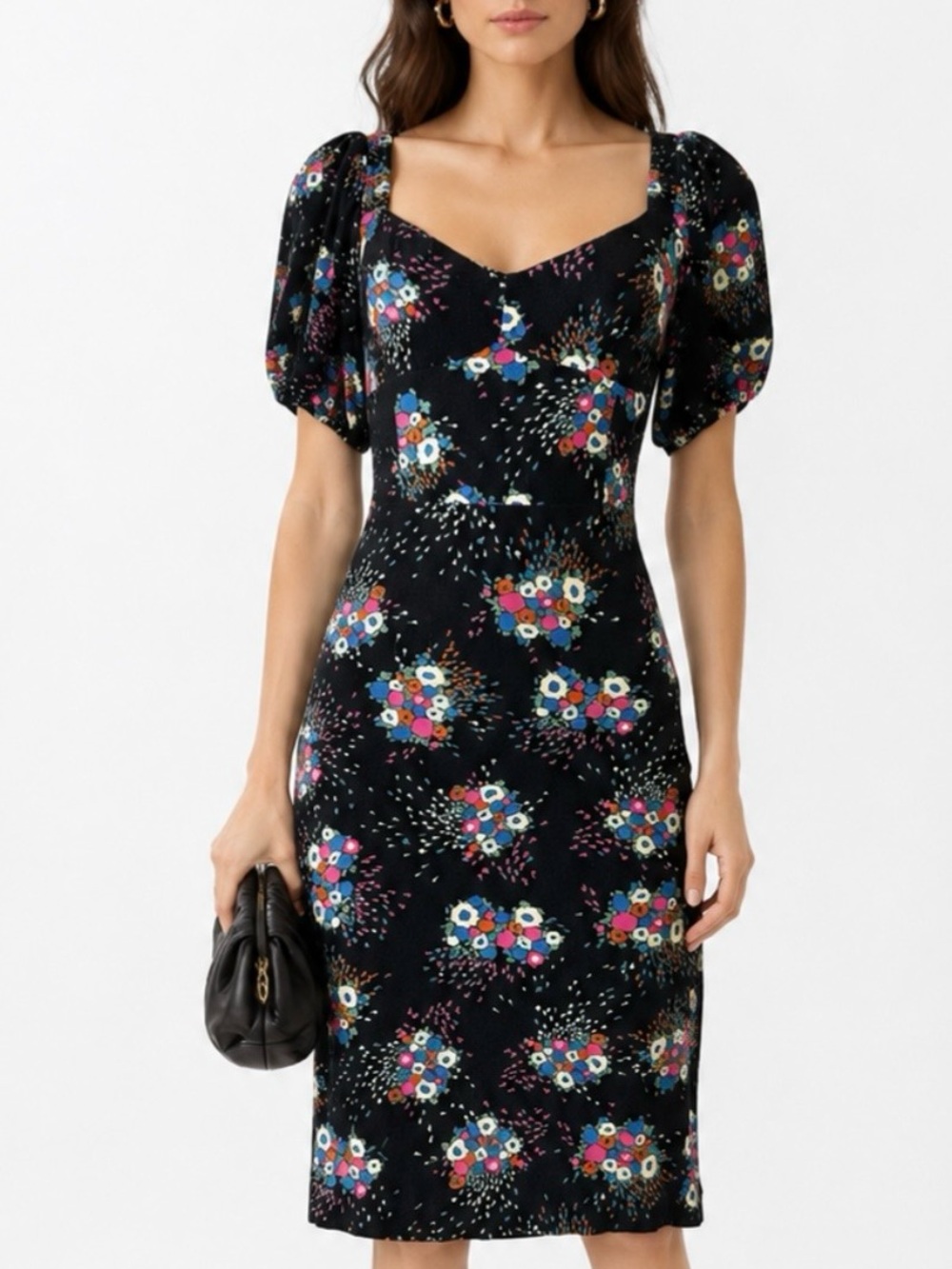 ANTHROPOLOGIE Scarletta Sweetheart Black Floral Puff-Sleeve Midi Dress US 2